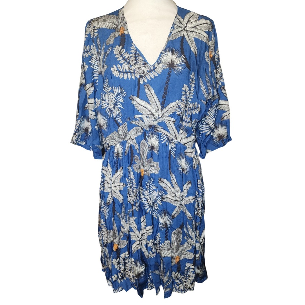 Joon Blue Tropical Palm Leaf Print V Neck Midi Dress Size L Luxury Vacation